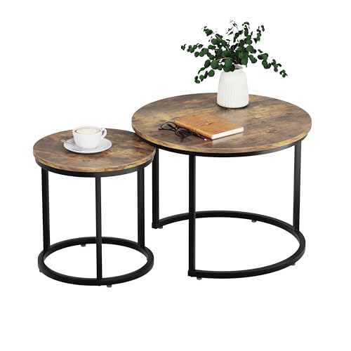 Smuxee Nesting Coffee Table Set of 2, 23.6" Round Coffee Table Rustic Wood Top with Adjustable Non-Slip Feet, Industrial End Table Side Tables for Living Room Bedroom Balcony Yard - color: Rustic Brown, size: 23.6"W