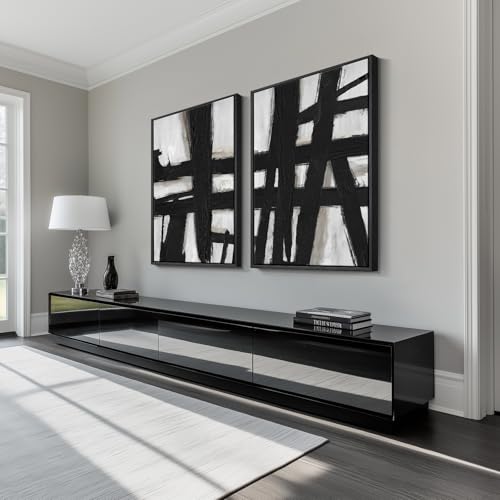 Large Framed Black White Abstract Wall Art for Living Room Set of 2, 24x36 | Black lines, Large size, Canvas prints, Modern paintings, Minimalist pictures, Black wood frame, Living room wall decor - color: Black Strokes, size: 24" W x 36" H x 2Pcs