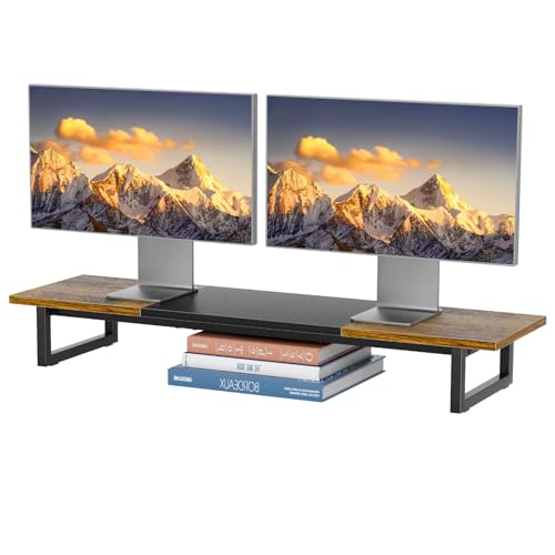 Simple Trending 38" Dual Monitor Stand Riser, Desk Organizer, Rustic Brown | Laptop & Printer Stand, for 2 Monitors, Wood and Steel, Ergonomic Support, Easy Setup, Home Office Desk, 38"W x 10.25"D x 5"H - color: Rustic Brown and Black