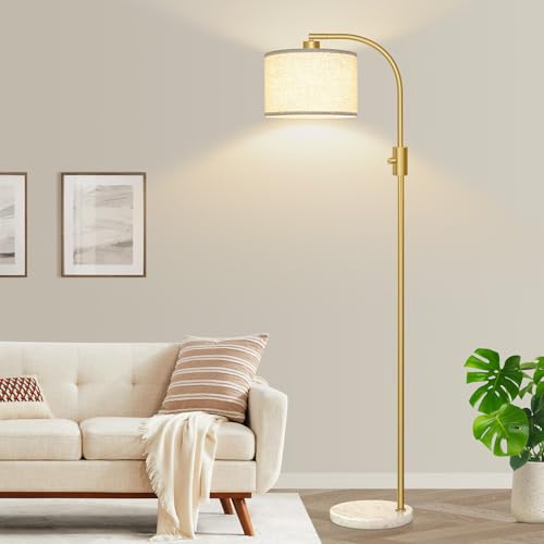 Nintiue Upgraded Modern Arc Dimmable Tall Standing Floor Lamp with Marble Base & Linen Shade, 1200 Lumens LED Bulb Included, for Living & Reading Room, Bedroom, Office & Nursery, Gold - color: Marble base & Gold