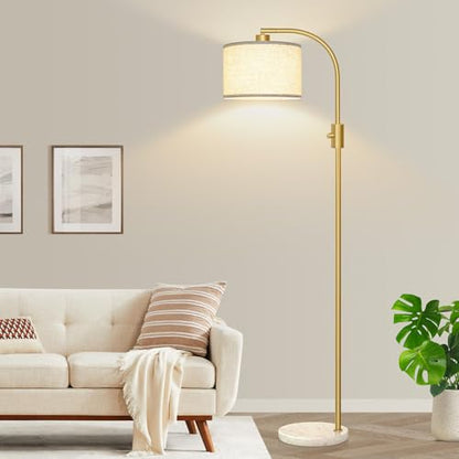 Nintiue Upgraded Modern Arc Dimmable Tall Standing Floor Lamp with Marble Base & Linen Shade, 1200 Lumens LED Bulb Included, for Living & Reading Room, Bedroom, Office & Nursery, Gold - color: Marble base & Gold
