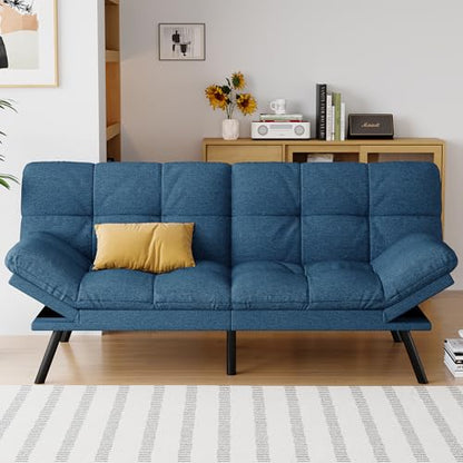 Futon Sofa Bed Convertible Couch, Blue Linen Sofa Bed | Adjustable Backrest & Armrests, Multifunctional Small Loveseat Sleeper Sofa for Living Room, Apartment, Office, Foam Couch - color: A3 | Blue