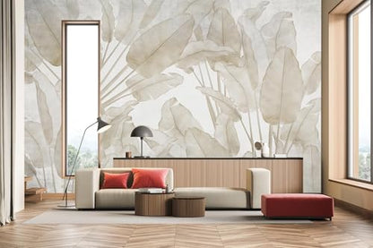 Beige Banana Leaf Tropical Wallpaper Mural Peel and Stick Bedroom | 82"x57" - color: W-072, size: 82" x 57"