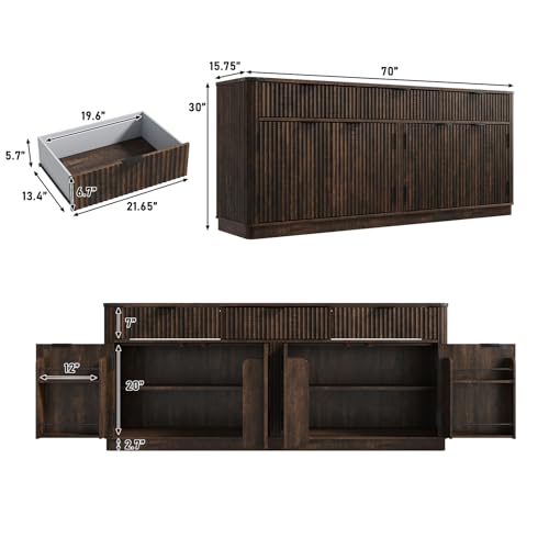 70” Rounded Edge Large Sideboard Buffet Cabinet with 3 Storage Drawers,Farmhouse Kitchen Fluted Sideboard Cabinet w 4 Door Shelves,Wood Coffee Bar Cabinets,Kitchen Pantry (Rustic Brown) - color: Rustic Brown