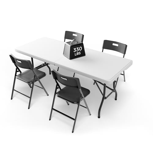 6FT Folding Table Set with 4 Chairs – Heavy-Duty 330 lb Table & 330 lb Chairs, Portable Foldable Furniture Set for Camping, Parties, Indoor & Outdoor Use - color: White Table & Black Chairs, size: 6ft, style: 4 chairs