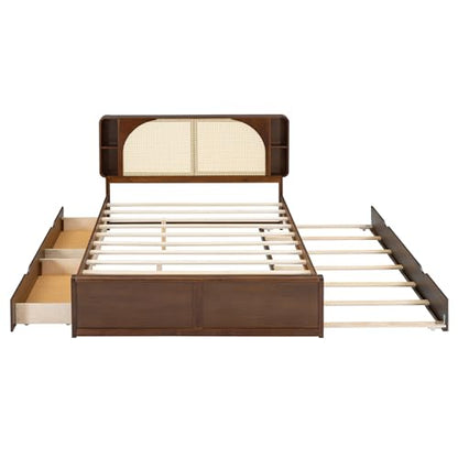 Queen Size Bed Frame with Trundle and Drawers for Aldults, Walnut | Mid Century Bed Frame with Rattan Headboard, No Box Spring Needed, Space Saving