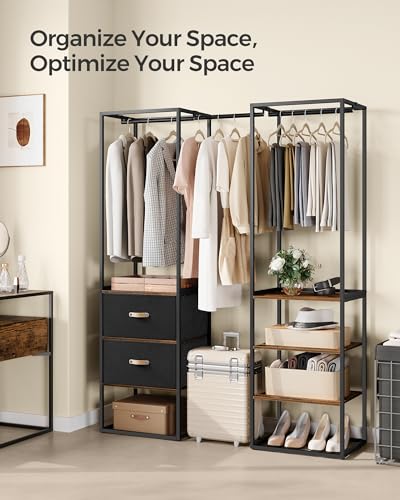 SONGMICS Clothes Rack, 70.9 Inch Wardrobe Freestanding Closet, Heavy Duty Garment Rack with 1 Extendable Hanging Rod, 2 Drawers and 4 Shelves, for Bedroom, Space-Saving, Rustic Brown URGR003B01 | Heavy Duty Garment Rack, 3 Hanging Rods, Space-Saving, for