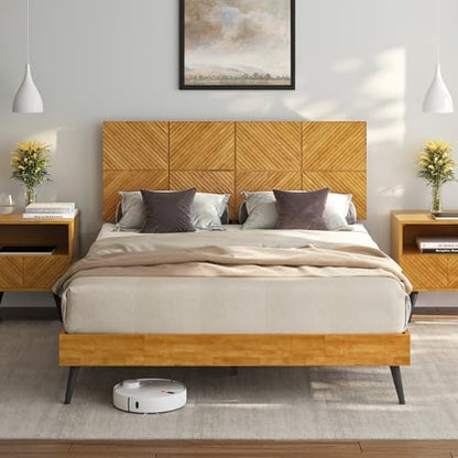 Bme Rhombus Queen Bed Frame – Solid Rubber Wood with Geometric Rhombus Headboard, Teak Brown Finish, Scandinavian Modern Platform Bed with Sturdy Slats & Metal Legs, No Box Spring Needed - color: Teak Brown, size: Queen, style: Scandinavian