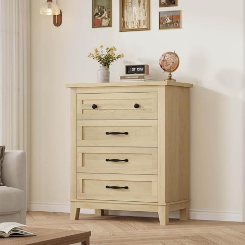 GarveeHome 4 Dresser for Bedroom, 34.8" Tall Vertical Drawer Dresser with Large Storage, Freestanding Wooden Closet Chest for Bedroom, Living Room - color: Natural Oak, size: 15.7"D x 29.1"W x 34.8"H (4 Drawers)