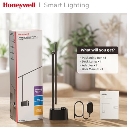 Honeywell LED Desk Lamp, Sunturalux™ Black Desk Lamps for Home Office USB | Foldable LED desk lamp with USB-C/A charger, RG0 eye-safe, CRI95, stepless dimming 10%-100%, 3 color temps (3000K-5000K) - color: Black