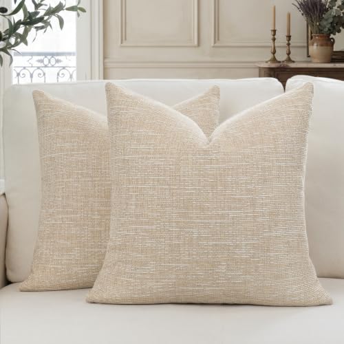 MATTINS Chenille Decorative Throw Pillow Covers 20x20 2PC, Beige | Neutral Textured Pillow Covers, Modern Yarn- dyed Home Decor, Farmhouse Boho Accent Cushion Covers for Couch Sofa Living Room - color: Beige, size: 20" x 20" (Pack of 2)
