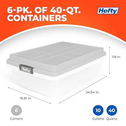 Hefty 40 Qt Hi-Rise Storage Bin with Lid, Stackable Plastic Storage Container, Organizer for Home, Garage & Closet, 6 Pack, Gray - size: 40 QT - 6 Pack