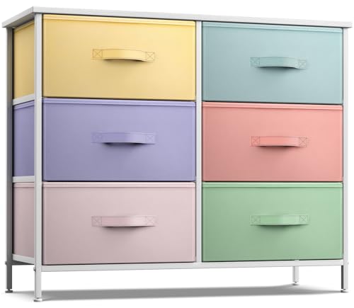 Sorbus Dresser with 6 Drawers - Furniture Storage Tower Unit for Bedroom, Hallway, Closet, Office Organization - Steel Frame, Wood Top, Easy Pull Fabric Bins (Pastel/White) - color: Pastel/White, style: 6-Drawer