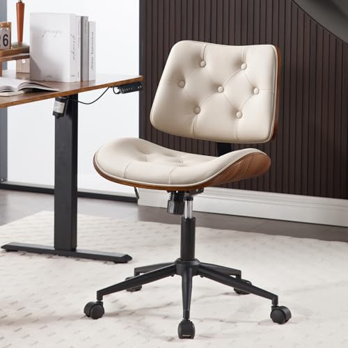 Armless Home Office Chair in Button Style, PU Leather Small, Beige | PU Leather Adjustable Height Computer Desk Chair, 360 Swivel Small No Arms Office Seat, Walnut Design Stool, 300LBS Cap - color: Beige, size: Button Style