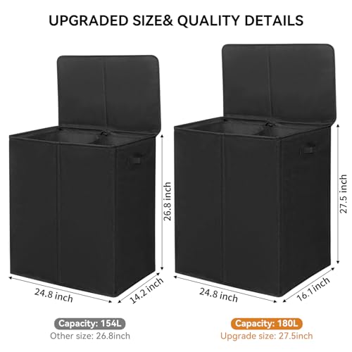 WOWLIVE 180L Double Laundry Hamper 2 Section with Lid and Removable Bags | Divided Laundry Basket, Large Dirty Clothes Hamper with Handle, Collapsible Laundry Storage for Dorm Room, College, Black - color: Black, size: 180L (24.8 x 16.2x 27.6 Inches)