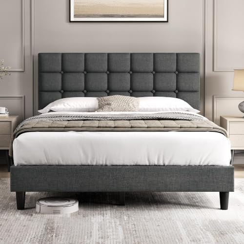 Yaheetech Queen Size Upholstered Tufted Bed Frame with Headboard, Dark Gray | Sturdy engineered wood frame with linen fabric upholstery features a soft tufted headboard for easy assembly and support - color: Dark Gray, size: Queen