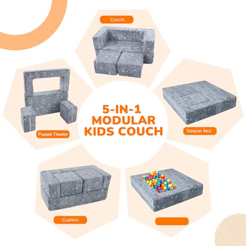 MeMoreCool Glow Dinosaur Kids Couch, Gray Modular Fold Out Play Couch | Glow Dino Foam Kids Sofa Set, Machine-Washable Cover - color: Grey Dinosaur