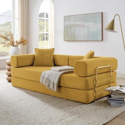 HANXIN Convertible Sleeper Sofa Bed, 78 Inch Folding Floor Mattress Couch with Fixed-Shape Frame, Futon Boneless Couch Lounge Loveseat with Pull Out Bed, No Assembly Required (Yellow) - color: Yellow, size: 78" Loveseat Sofa Bed