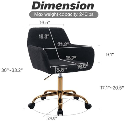 Faux Fur Office Desk Chair, Comfy Swivel Armchair with Wheels, Upholstered Fuzzy Vanity Chair, Adjustable Seat Height, Black | Fluffy Swivel Modern Armchair Upholstered Fuzzy Height Adjustable for Teens Women Girls Elegant for Living Room Bedroom - color: