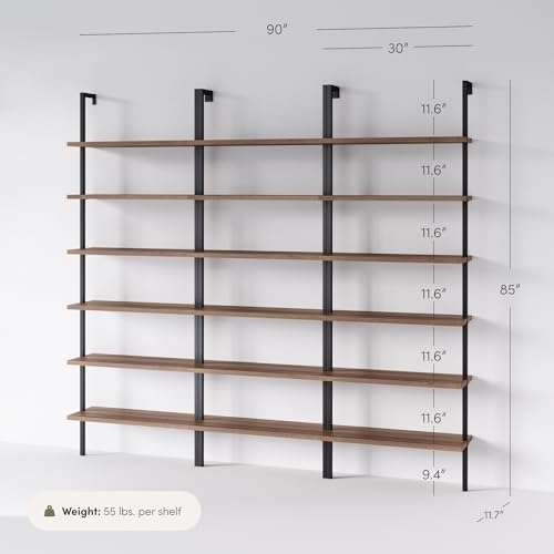 Nathan James Theo 6-Shelf Tall Bookcase, Wall Mount Bookshelf with Reclaimed Oak Wood and Industrial Metal Frame, Reclaimed Oak/Matte Black, Set of 3 - color: Oak/Matte Black, size: Set of 3