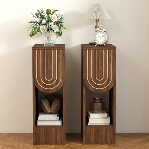 weselon Narrow Nightstands Set of 2, Mid-Century Modern Bedside Table with Carved Drawer and Storage Shelf, Farmhouse Slim Side End Table for Bedroom, Small Space (2, Walnut) - color: Walnut-carved Drawer, size: 2-Pack