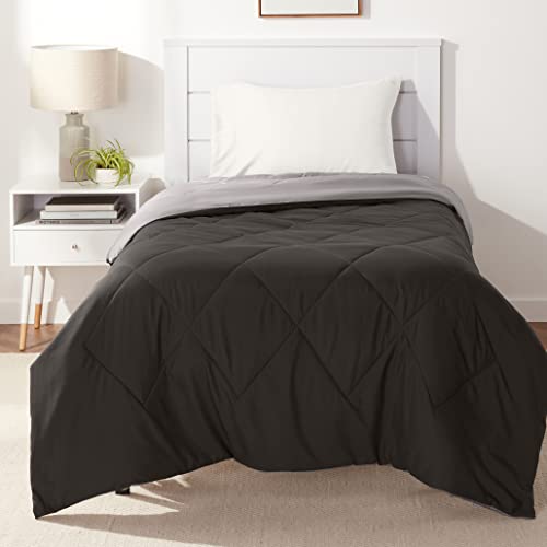 Amazon Basics Comforter Blanket, Reversible, Lightweight Microfiber, All Season, Soft Plush, Machine Washable, Twin/Twin XL, Black/Grey - color: Black / Grey, size: Twin/Twin XL