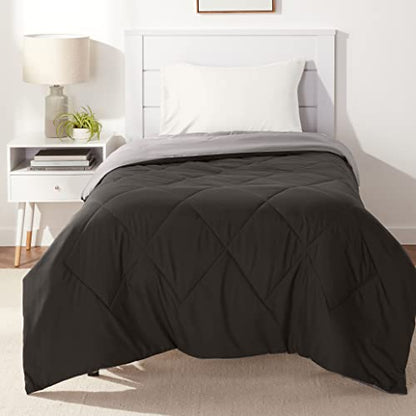 Amazon Basics Comforter Blanket, Reversible, Lightweight Microfiber, All Season, Soft Plush, Machine Washable, Twin/Twin XL, Black/Grey - color: Black / Grey, size: Twin/Twin XL