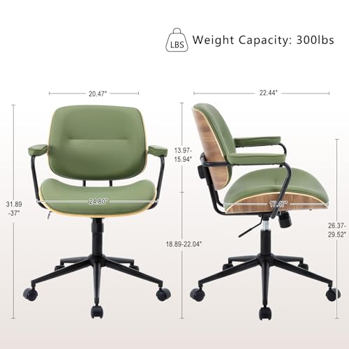 Mid Century Modern Office Chair with Armrest and Adjustable Backrest, Green | Wooden frame with armrests & adjustable backrest, swivel & height-adjustable, PU leather seat for home office comfort - color: Green