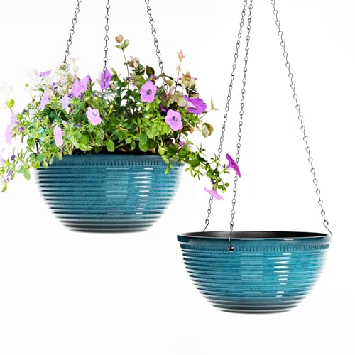 10 Inch Hanging Planters, Glazed Hanging Basket with Drainage Holes, 2 Pack | Ceramic-Look Hanging Flower Pots for Indoor Outdoor Plants, Patio, Garden, Porch, Home, Balcony Decor,Blue - color: Blue, size: 10inch