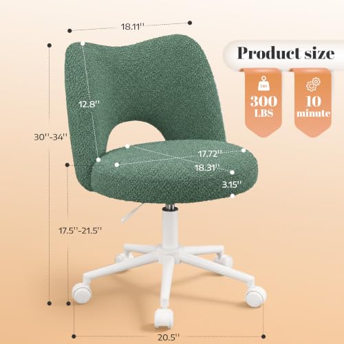 DurayLoly Vanity Chair with Wheels,Open Back,Armless,Green | Soft Teddy Fabric, 6" Thick Cushion, Height Adjustable, 300 lbs, 360° Swivel for Vanity Table, Home Office - color: Green