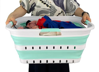 SAMMART 42L (11 gallon) Collapsible Plastic Laundry Basket - Foldable Pop Up Storage Container/Organizer - Space Saving Hamper/Basket (1, White/Light Green) - color: White/Light Green