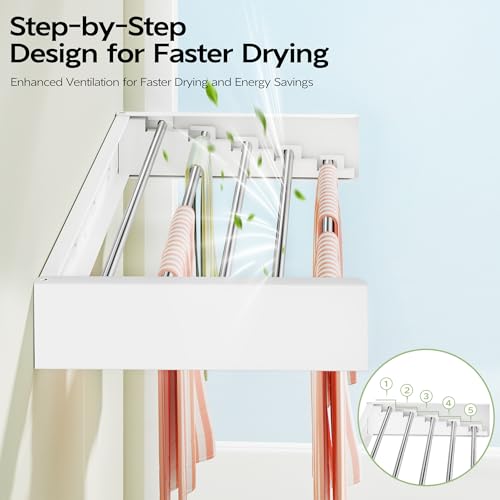 Vikaqi Wall Mounted Clothes Drying Rack 32", Foldable Wall Laundry Rack | Collapsible Drying Rack Clothing Folding Indoor, Hidden Space Saver with Wall Template, 5 Rods, White - color: White, size: 32" Wide
