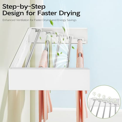 Vikaqi Wall Mounted Clothes Drying Rack 32", Foldable Wall Laundry Rack | Collapsible Drying Rack Clothing Folding Indoor, Hidden Space Saver with Wall Template, 5 Rods, White - color: White, size: 32" Wide