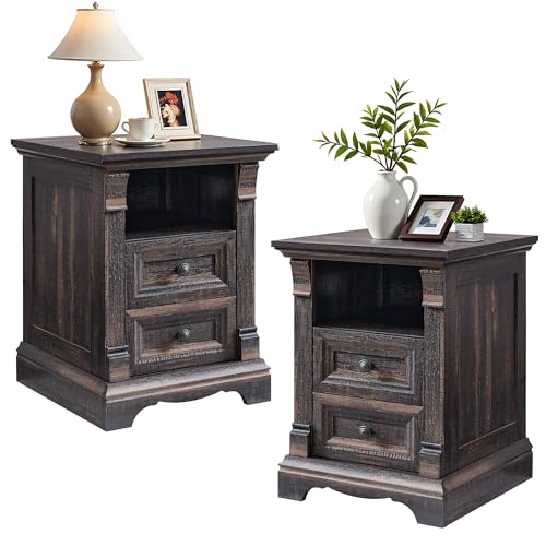 Farmhouse Nightstand Set of 2, 18" Sofa Side Table with Charging Station | Wood End Table w/Roman Column, Bedside Cabinet for Bedroom, Living Room, Dark Rustic Oak - color: Dark Rustic Oak, size: 18"D x 18"W x 24"H