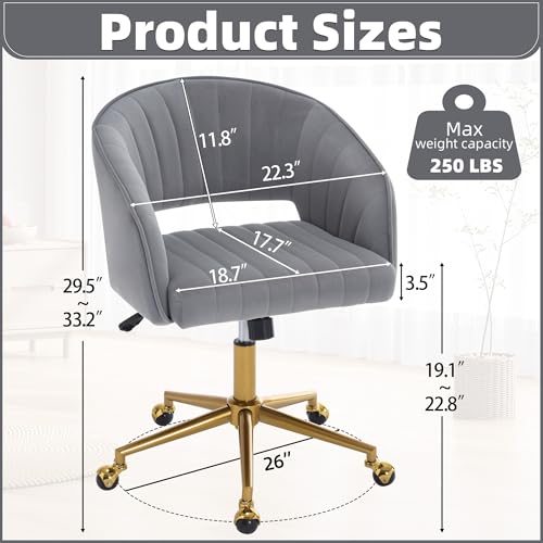 Desk Chair with Wheels, Gold Base, Velvet Accent Vanity Armchair, Grey | Spacious‌ Soft Seat, Swivel Height Adjustable, Rocking Function, Modern Stripe for Girls &Women Bedroom Makeup or Nail - color: Grey Velvet