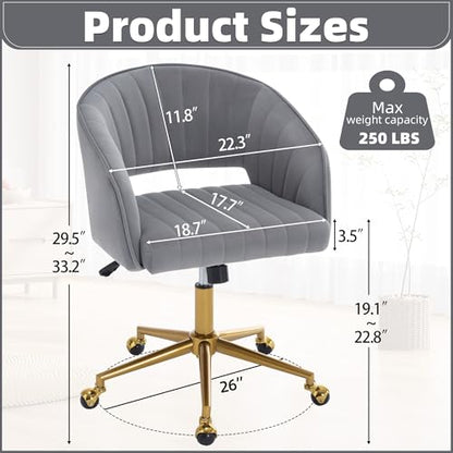 Desk Chair with Wheels, Gold Base, Velvet Accent Vanity Armchair, Grey | Spacious‌ Soft Seat, Swivel Height Adjustable, Rocking Function, Modern Stripe for Girls &Women Bedroom Makeup or Nail - color: Grey Velvet