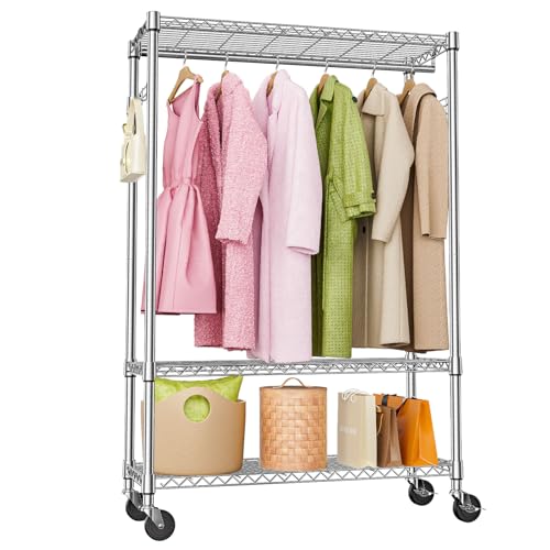 M MZG Heavy Duty Rolling Garment Rack 3 Tiers Adjustable Wire Shelving Clothes Rack with 1 Rods and Side Hooks,Storage Closet Clothing Rack with Wheels Chrome 15.7" D x 45.3" W x 75.6" H - color: Chrome, size: 3 Tier and 1 Rod 15.7"D x 45.3"W x 75.6"H