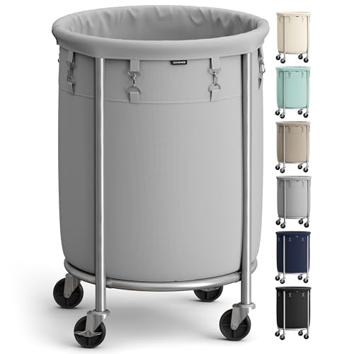 SONGMICS Laundry Basket, Rolling Steel Frame with 2 Locking Wheels, 110 L | Heavy-Duty Laundry Hamper Cart with Removable Bag, Gray and Metallic Silver, URLS002G01 - color: Gray + Metallic Silver, size: 110 L (1-Section)
