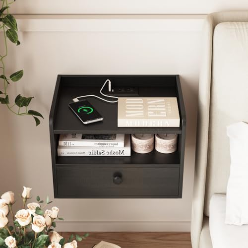 Floating Nightstand Set of 2 Modern Night Stands with Drawer and Open Shelf | Cubby Small Bedside End Table with Charging Station Wall Mounted Nightstands Set 2 for Bedroom Black - color: Black