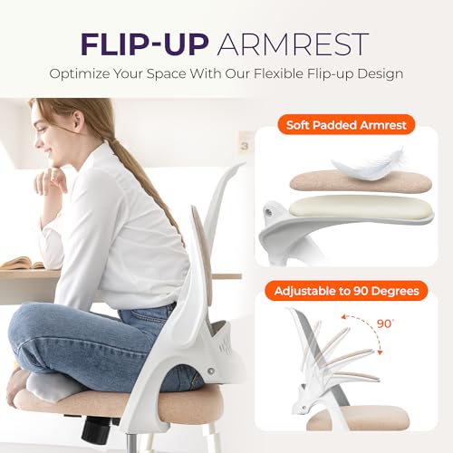 NEO CHAIR Office Desk Chair, Ergonomic Mesh with Flip-Up Armrests, Beige | Lumbar Support, Height Adjustment, 360° Swivel and Rolling Base, Space-Saving Design for Home Office, Vanity or Study - color: Beige