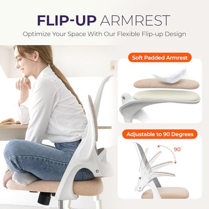 NEO CHAIR Office Desk Chair, Ergonomic Mesh with Flip-Up Armrests, Beige | Lumbar Support, Height Adjustment, 360° Swivel and Rolling Base, Space-Saving Design for Home Office, Vanity or Study - color: Beige