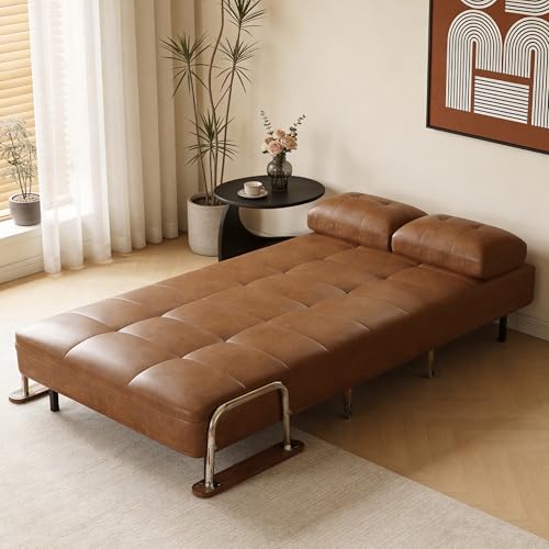 39.4" Brown Faux Leather Futon Sofa Bed Metal Legs Apartment | 2‑Position Adjustable Backrest, Space‑Saving Layout, Apartment‑Friendly, Multi‑Guest Unit, For Living Room & Home Office - size: 39.4"