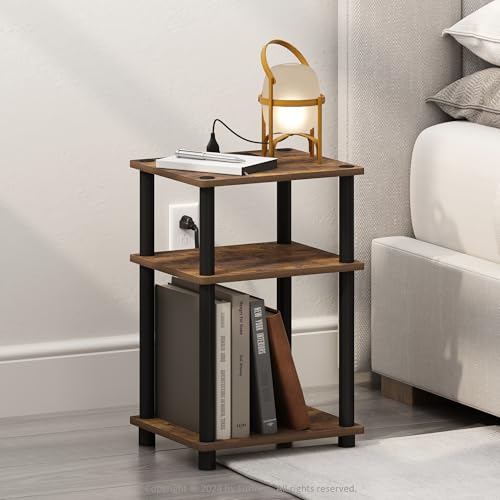 Furinno JUST Night Stand, 3-Tier Turn-N-Tube Nightstand with Charging Station, Bedside Table, End Table, Side Table with USB and Type-C Port, for Bedroom, Closet, Dorm, Amber Pine - color: Amber Pine/Black, size: 3-Tier, Charging Station