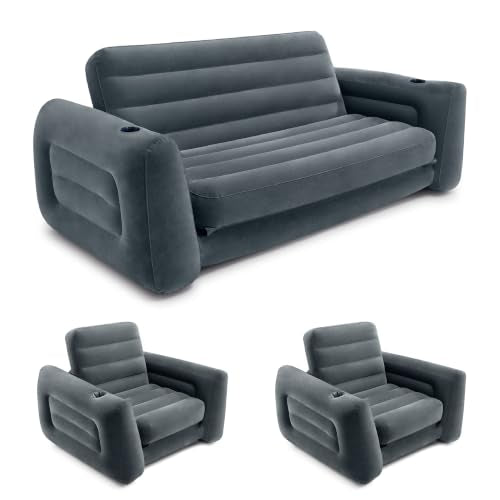 Intex Inflatable Pull-Out Sofa Bed with 2-Pack Lounge Chair and Ottoman Set | 66552EP Convertible Queen Airbed and 66551EP Portable Lounger for Bedroom, Dorm & Living Room (Pump Not Included)