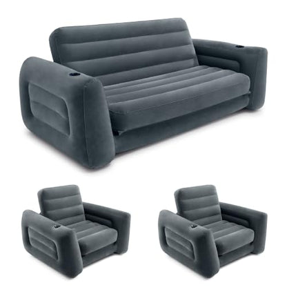 Intex Inflatable Pull-Out Sofa Bed with 2-Pack Lounge Chair and Ottoman Set | 66552EP Convertible Queen Airbed and 66551EP Portable Lounger for Bedroom, Dorm & Living Room (Pump Not Included)