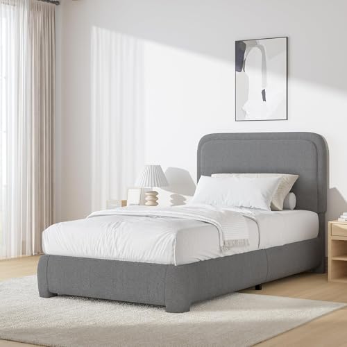BarnFurin Twin Bed Frame, Cloud Boucle Headboard, Low Profile, Light Grey | Soft boucle and rounded edges create a low-profile cloud look. Wooden slats support the mattress without a box spring - color: Light Grey, size: Twin
