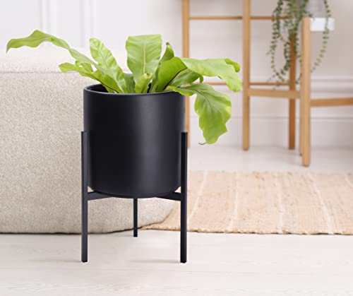 D'vine Dev Cylinder Planter Pot with Metal Stand, Black, 8 in, 96-T-B-1 | Durable Fiberclay Construction, Sleek Modern Design, Heavy-Duty Iron Stand, Drainage Hole & Saucer, Elegant Indoor Display - color: Black, size: Small 8 Inch