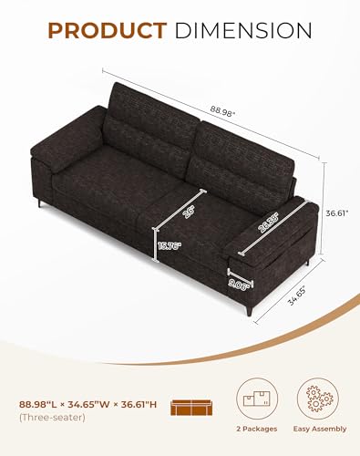Upvilla 88.97" Modern Sofa Couch Deep Seat Sofa for Living Room(Dark Gray) | 8”Cushion, Comfy 2-Seater Chenille Loveseat Sofa with Convertible Armrest, Removable Sofa Cover, High Leg - color: Dark Gray, size: 88.97" Couch