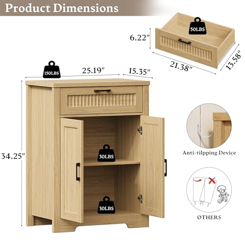 Fluted Buffet Sideboard Cabinet with Storage, Buffet Table with Drawer | Modern Buffet Table with Drawer & Doors, Wood Coffee Bar Console Table with Adjustable Shelf for Kitchen, Natural Oak - color: Natural Oak, size: 2 Doors & Drawer
