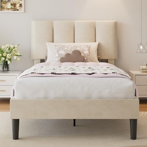 VECELO Twin Size Bed Frame with Upholstered Headboard, Heavy-Duty Bedframe with Wooden Slats & Steel Framework, Easy Assembly, Pale Beige - color: Pale Beige, size: Twin, style: Platform